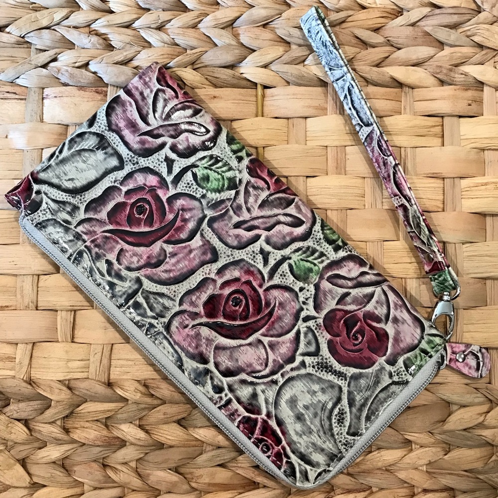 Leather Wallet clutch wristlet floral embossed pattern